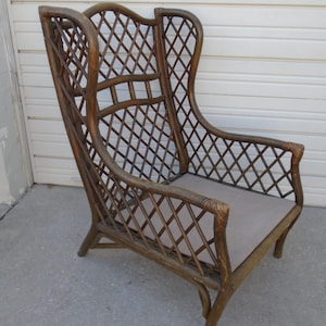 Bamboo Wingback Lounge Chair Ears Trellis Rattan Chippendale Fretwork Clam Hollywood Regency Beach Cottage Coastal Wicker Farm West Indies