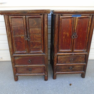 Set 2 Asian Tall Nightstands Mongolian Tibetan Japanese Chinese Altar Hollywood Regency Cabinets Bed Tables  Primitive Reclaimed wood Pair