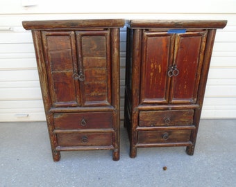 Set 2 Asian Tall Nightstands Mongolian Tibetan Japanese Chinese Altar Hollywood Regency Cabinets Bed Tables  Primitive Reclaimed wood Pair