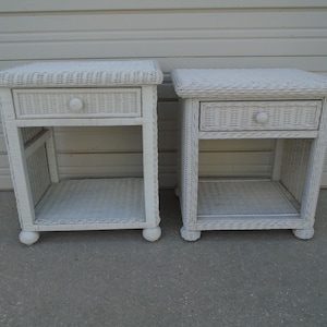 Set 2 Wicker Nightstands White Eclectic Cottage Coastal Bed Side Tables Beach Cottage Shabby Chic Rattan Island Pair Lake house