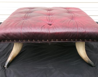 LG Horn legs Ottoman Cow Bull Steer Western Cattle Yellowstone Longhorn Texas Ranger Cowhide Cowboy leather Footrest Ranch Footstool Lodge