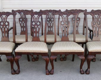 Set 8 dining Chairs Lion Ball & Claw feet Lion Dragon English Chippendale Regency French Empire SIX Georgian Victorian Carved Empire Eight