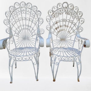 Pair Wrought Iron Chairs Lady Small Mid Century Modern Salterini ST Peacock Metal Wire Hollywood Regency Porch Outdoor John Retro Art Deco 2