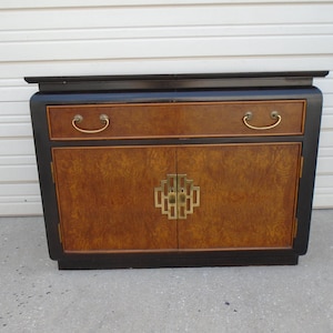 CENTURY Asian Server Chin Hua by Raymond Sobota Chinoiserie Flip Top Buffet Sideboard Hollywood Regency Cabinet Bar Burl wood Ebonized Black