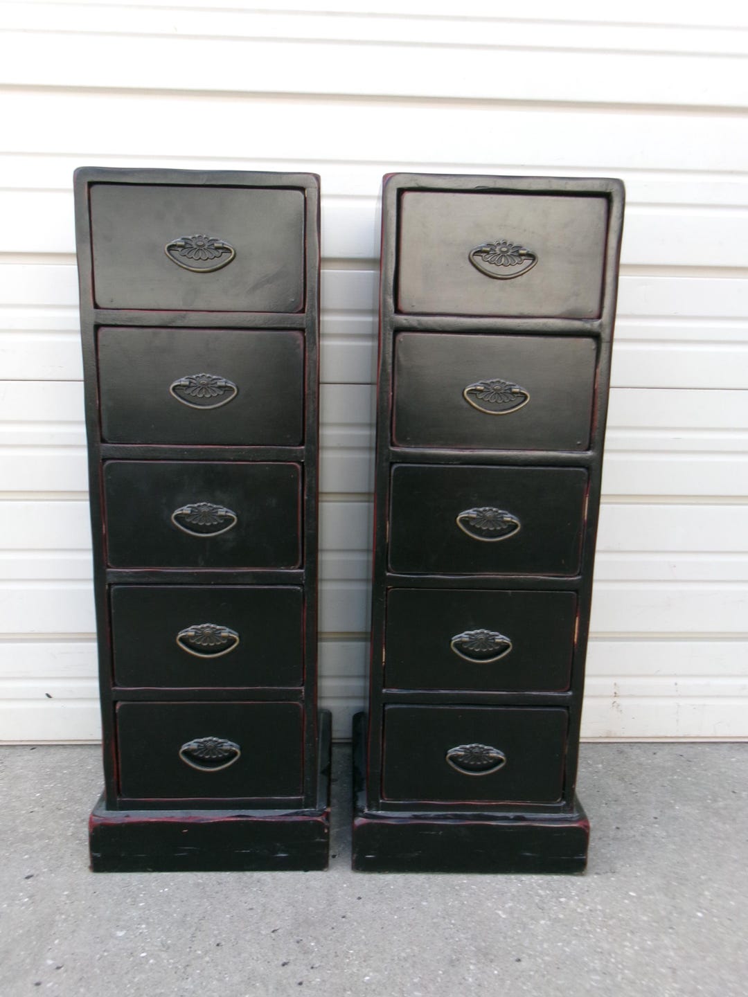 Tall Narrow Set 2 Cabinets Drawers Tables Nightstands Asian Black Red ...