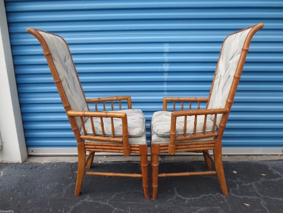 Pair Tall Captain Dining Chairs Faux Bamboo Hollywood Regency Arms