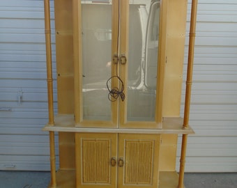 RARE Faux Bamboo China Cabinet Hutch Open Sides Hollywood Regency Bookcase Bookshelf Door Palm Beach Pantry Closet Breakfront
