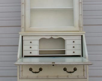 Tall Faux Bamboo Jasper Desk Cabinet Hutch Bookcase Jasper Regency Secretary Chinoiserie Palm Beach Drop down British Colonial West Indies