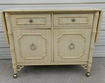Rolling Fretwork Faux Bamboo Serving cart Aloha Dixie Chinoiserie Chippendale Regency Server Buffet Bar Cabinet Service Table Drop down side
