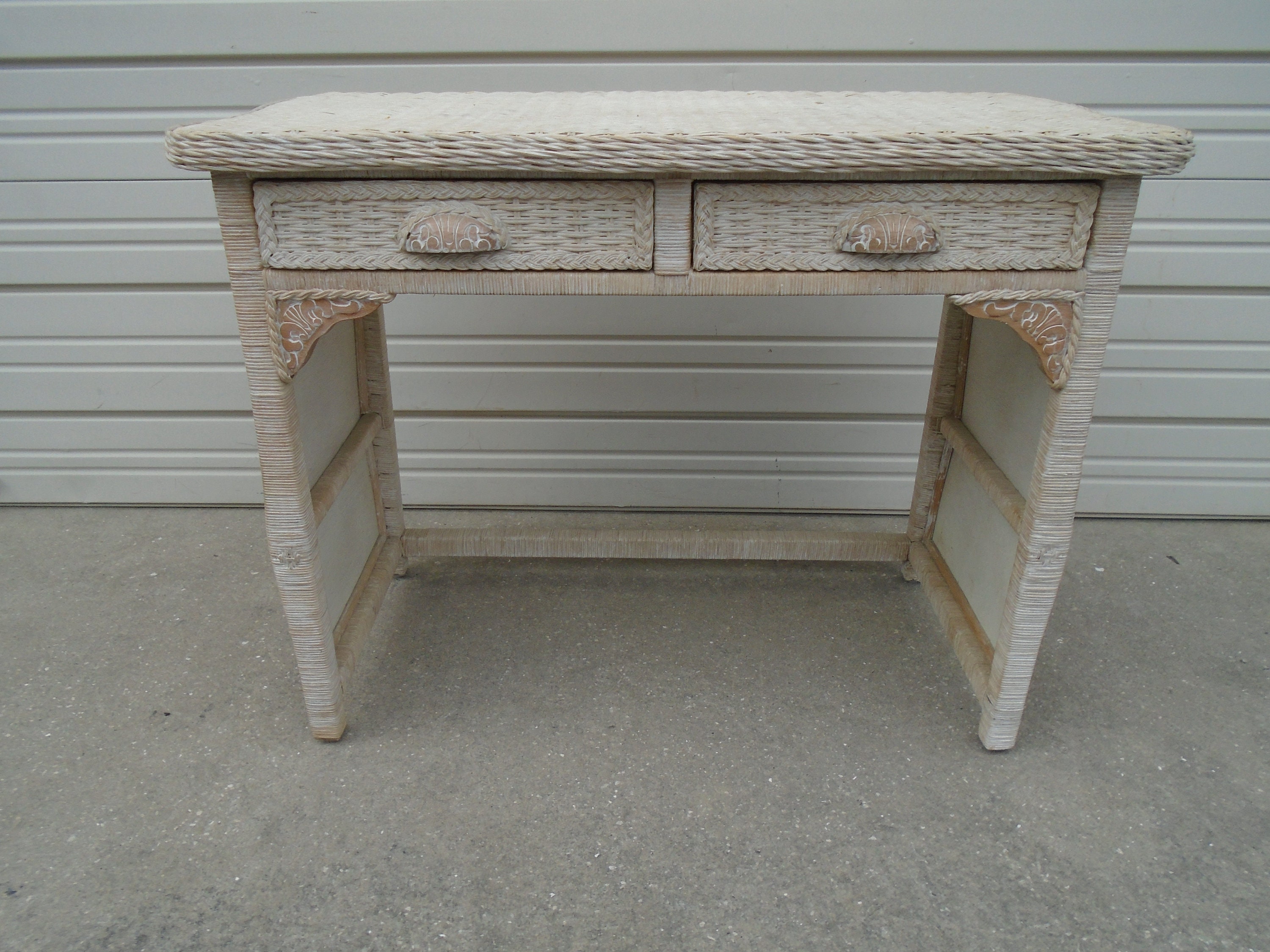 Pier 1 Imports Jamaica Wicker Desk Vanity Shabby Chic 2 drawers Rattan Bamboo Beach Cottage Coastal One Tropical White Keys Boho