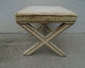 LG Bench X Upholstered Vanity Stool Chair Seat Hollywood Regency Dorothy Draper or Milo Baughman STY Palm Beach Nail Tack Gold Boho bench