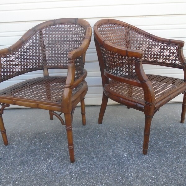 Pair Fretwork Faux Bamboo Barrel Arm Chair Hollywood Regency Cane Tube Palm Beach wicker Cottage Coastal Brown Vintage Chinese Chippendale