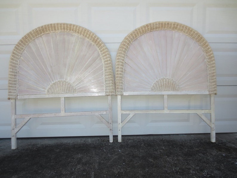 Pair Wicker Twin Size Headboard Nautical Side Louver Shutter Rattan 2 Hollywood Regency Cottage Coastal White Ratton Tropical Palm Beach