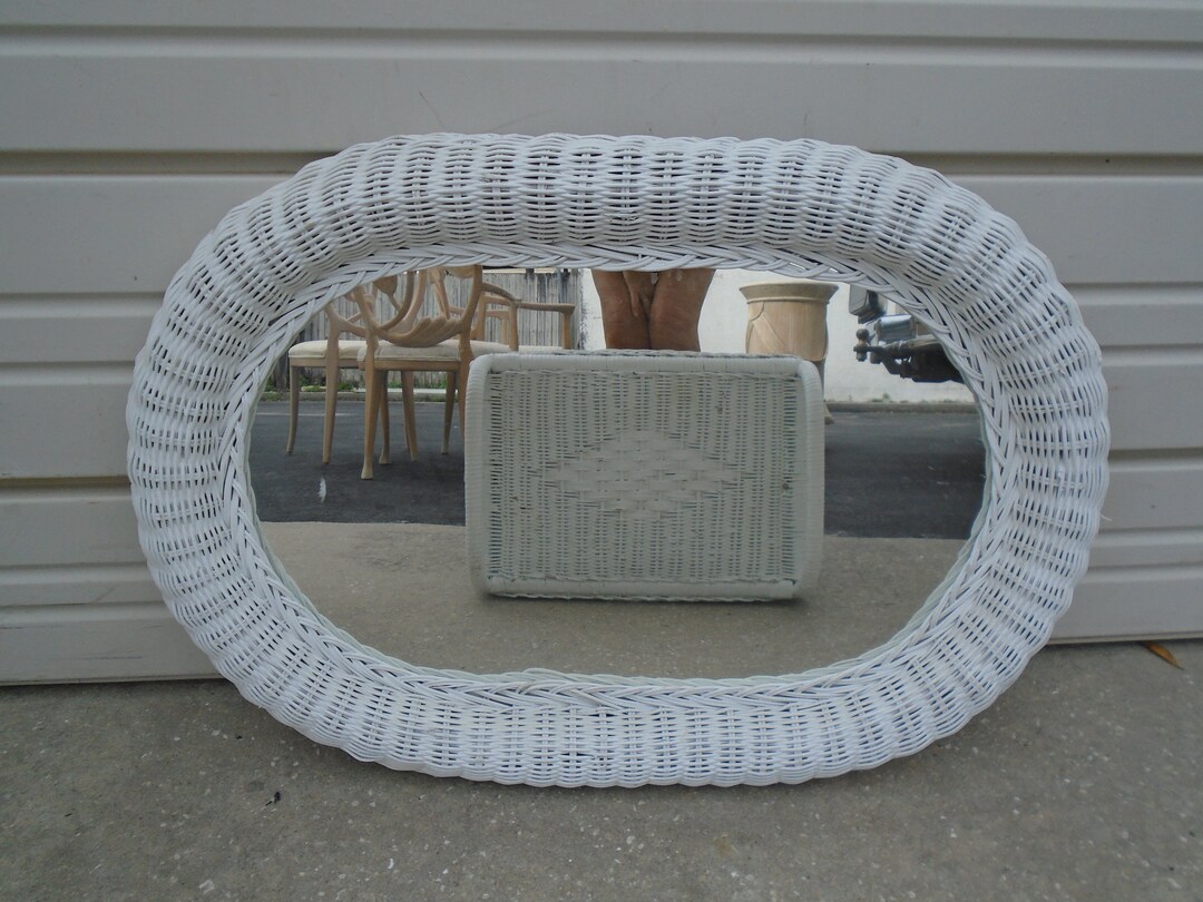 White Wicker Mirror Hollywood Regency Oblong Oval Cottage Coastal Boho Palm Beach Peacock Rattan