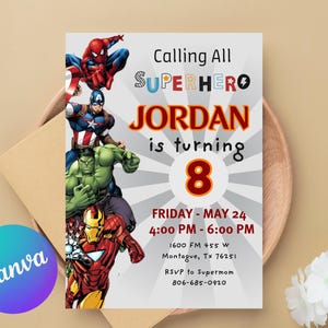 Editable Superheroes Birthday Invitation Template, Spider-Man Iron Man Birthday Invite, Avengers Party Editable Template