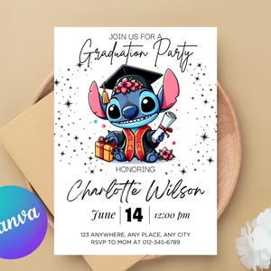 Stitch Graduation Blue Party Invitation | Stitch Lilo kindergarten and school Party Invitation | Lilo Angel Invitation Download Editable