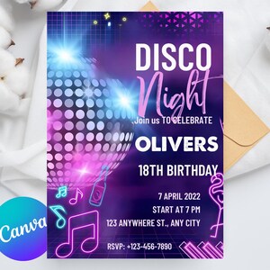 Editable Disco Party Birthday Invitation, Disco Ball Birthday Party Invite, Disco Party Invite, Neon Glow Party, 80s Party,Editable Template