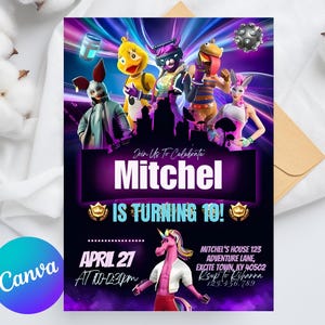 Editable Fortnites Birthday Invitation Video Game Party Invite Template for kids boy Canva Design Instant Download Gamer Party Invite Fort