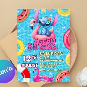 Editable Pool Party Stitch Girl Invitation, Pool Party Invitation, Stitch Pool Party Theme Girl Invite, Pool Birthday Party, Digital File