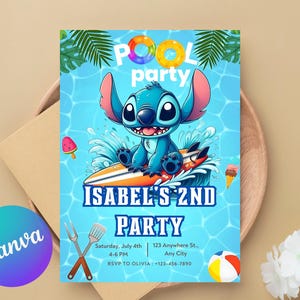 Modèle d'invitation d'anniversaire modifiable Stitch, invitation d'anniversaire imprimable piscine Stitch, invitation de fête numérique pour enfants, carte d'anniversaire numérique d'invitation