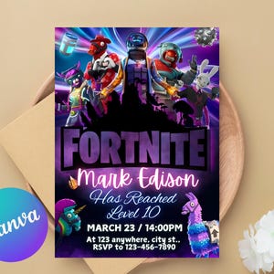 Fort Spiel Geburtstagseinladung Bearbeitbar Geburtstag einladen download CANVA Geburtstagsfeier Vorlage Videospiel Geburtstag Gamer Karte Gamer Party