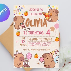EDITABLE Capybara invitation , Capybara Birthday , Capy Birthday, Kawaii Capybara, Capybara Party Invite, Digital Template, Capybara Cute