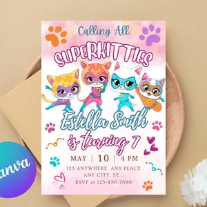 Printable Editable Super Kitty Invite, SuperKitty Birthday, SuperKitties Party invite template, Kitten Invitation Cute Invite