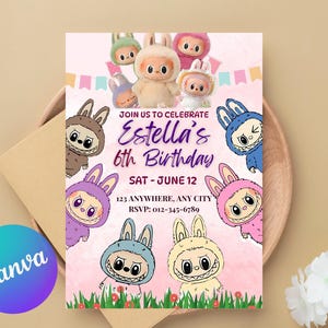 Labubu verjaardagsuitnodiging, Labubu bewerkbare sjabloon, Labubu verjaardagsfeestje, Labubu Canva uitnodiging, afdrukbare Instant Download