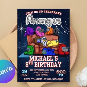 Among us invitation Birthday Invitation | Kids Birthday Invitation | Amoung us Game invite | Digital Editable Personalized Canva Printable