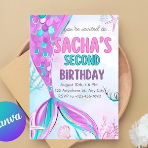 Mermaid Tail Birthday Invitation, Under the Sea Birthday Invitation Girl, Editable Birthday Template, Purple Teal Mermaid Birthday