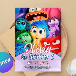 Bearbeitbare Inside Out 2 Geburtstagseinladungsvorlage, druckbare Geburtstagsfeier-Einladung, digitale Kinderparty einladen, Jungen- und Mädchen-Geburtstagskarte