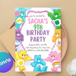 Printable Editable Care Bears Birthday Invitation, Birthday Party Invite, digital Party Invitation template, Care Bears Invitation Card
