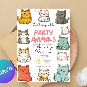 Cat Themed Birthday Invitation, Cat Birthday Invite, Cat Birthday Invitation, Cat Invitation, Are you kitten me Invitation, Editable