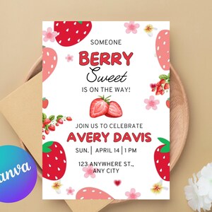 Editable Berry First Strawberry Birthday Invitation, Red Strawberry Birthday Invite, Berry Sweet Birthday Invitation Template