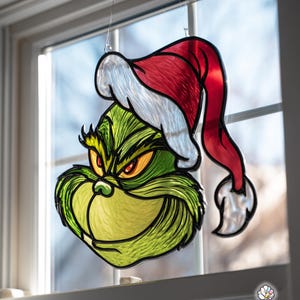 Grinch glas in lood patroon, Grinch Suncatcher, Grinch hoofd gebrandschilderd glas, interieur glas, handgemaakte glas in lood pdf, kunst aan de muur patroon