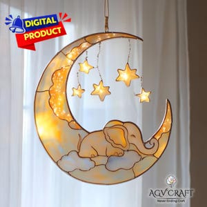 Motif de vitrail éléphant et lune, motif de vitrail lune, attrape-soleil bohème, décoration d'intérieur en verre, vitrail bricolage, cadeau d'art mural