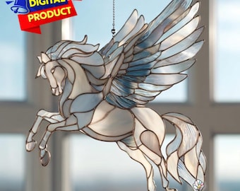 Pegasus Stained Glass Pattern, Flying Pegasus Suncatcher, Horse Stained Glass Pattern, Home Decor, DIY Stained Glass, Wall Art Gift