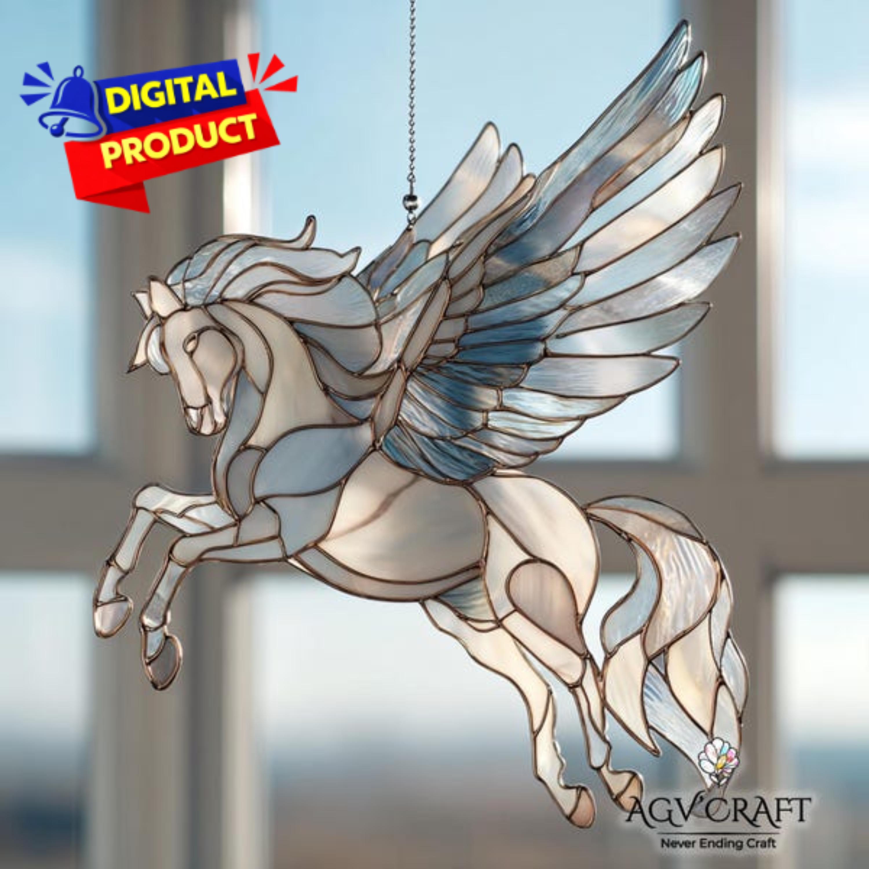 ペガサスのステンドグラス模様、空飛ぶペガサスのサンキャッチャー、馬