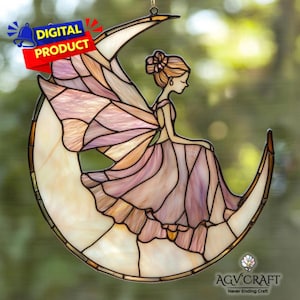 Fee und Mond Glasmalerei, Fee auf Mond Suncatcher, Halbmond Glasmalerei, Wohnkultur, Wandkunst Geschenk
