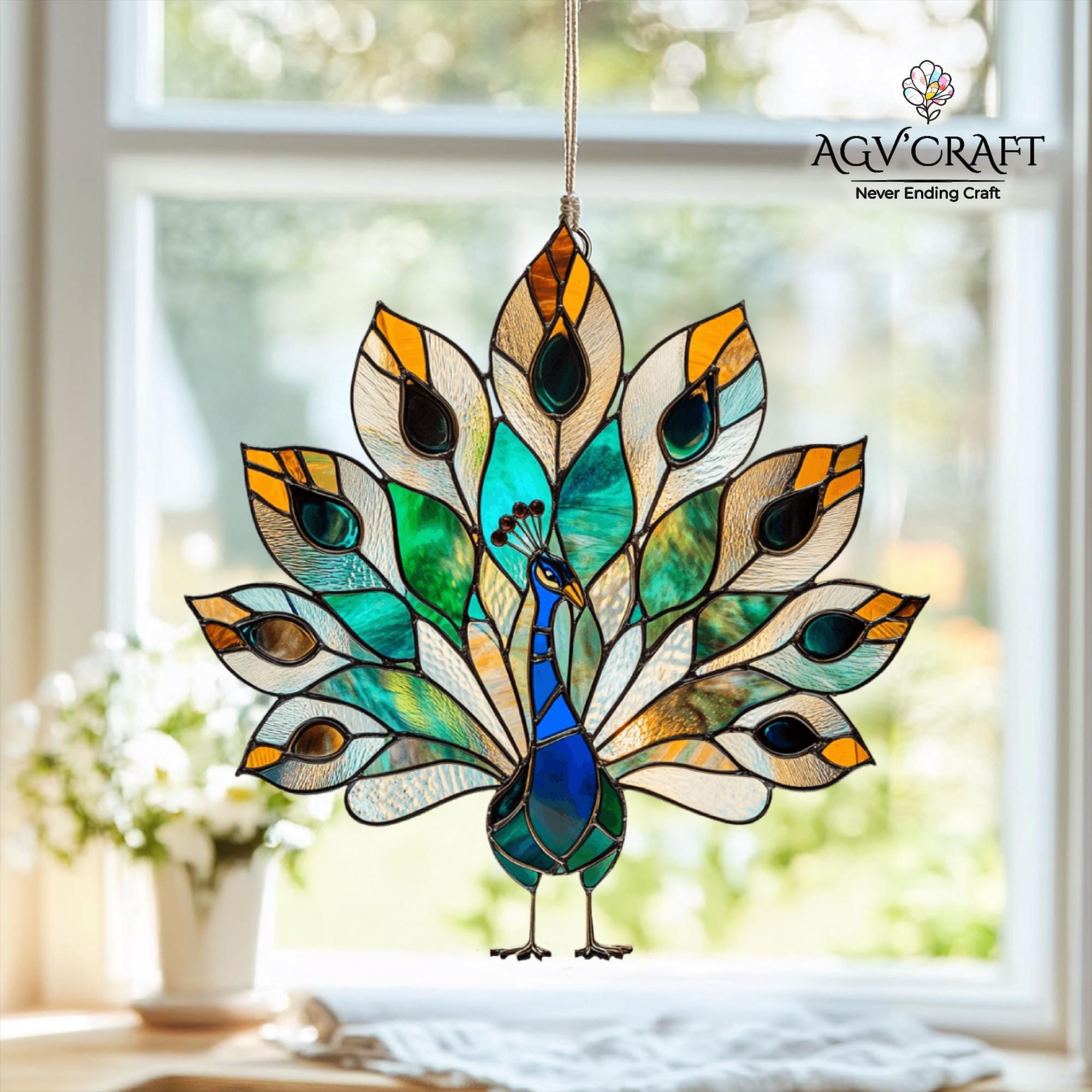 孔雀のステンドグラス模様、孔雀のサンキャッチャー、孔雀の鳥の