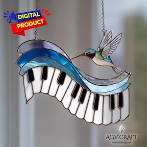 Piano avec motif de vitrail oiseau, attrape-soleil pour piano, vitrail pour piano, décoration intérieure en verre, vitrail à faire soi-même, cadeau d'art mural