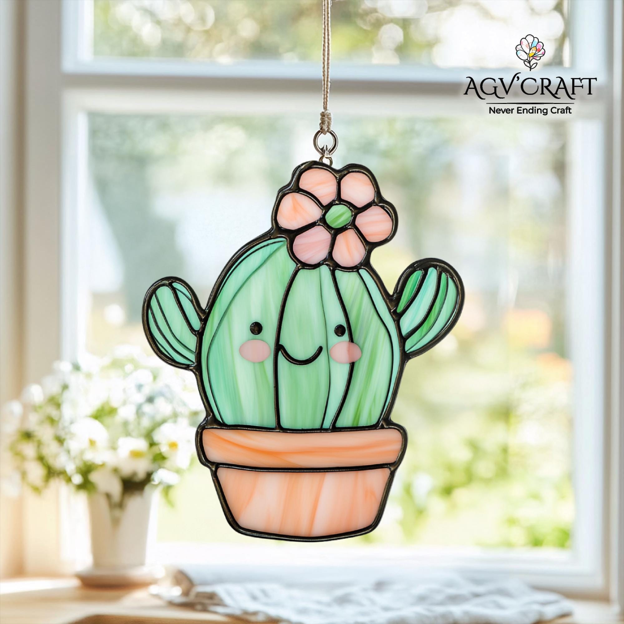 サボテン2個セットのステンドグラス模様、かわいいサボテンのステンド