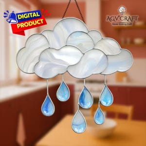 Motivo in vetro colorato con nuvola e goccia, motivo in vetro con goccia di pioggia, acchiappasole a forma di nuvola, vetro per decorazioni per la casa, vetro colorato fai da te, regalo di arte murale