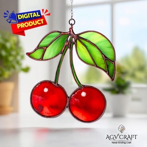Kersen gebrandschilderd glaspatroon, Cherry Suncatcher, rode kers gebrandschilderd glaspatroon, Home Decor glas, DIY glas in lood, kunst aan de muur cadeau