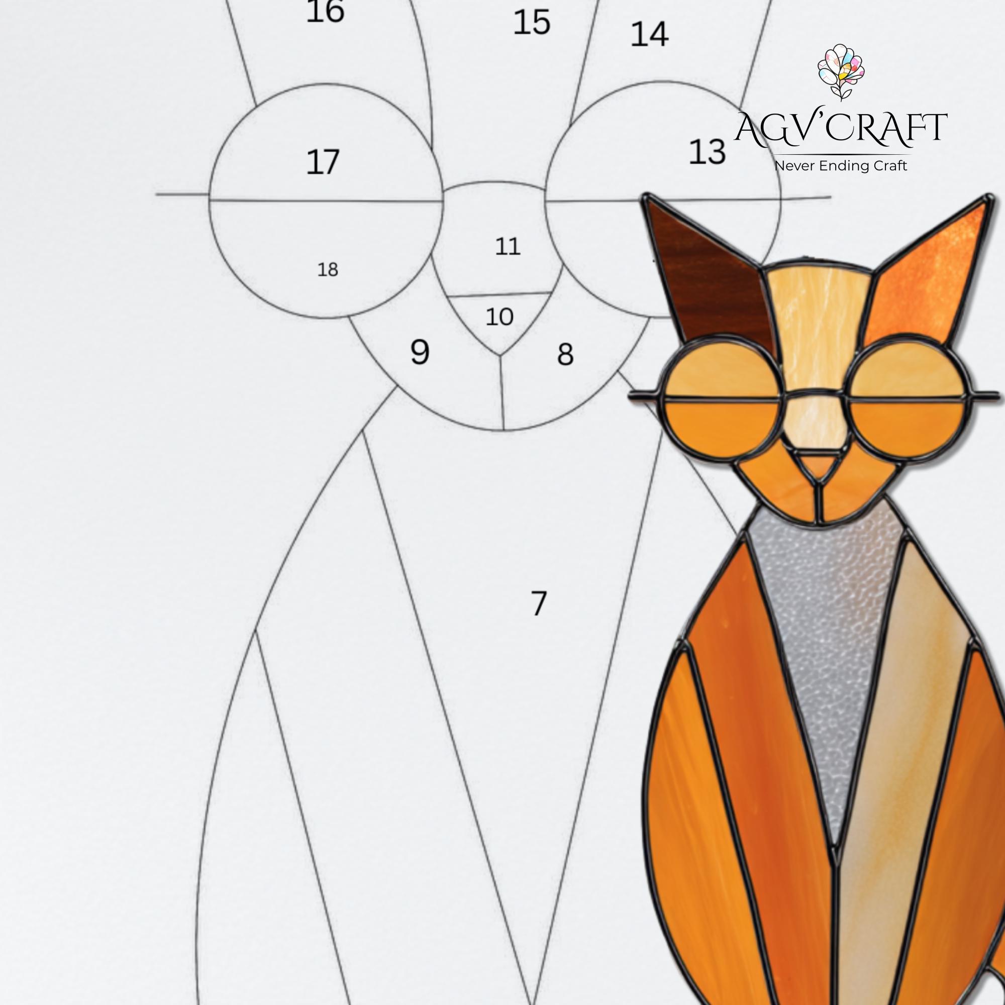 Orange Cat Stained Glass Pattern, Cat With Sun Glasses Suncatcher PDF ...