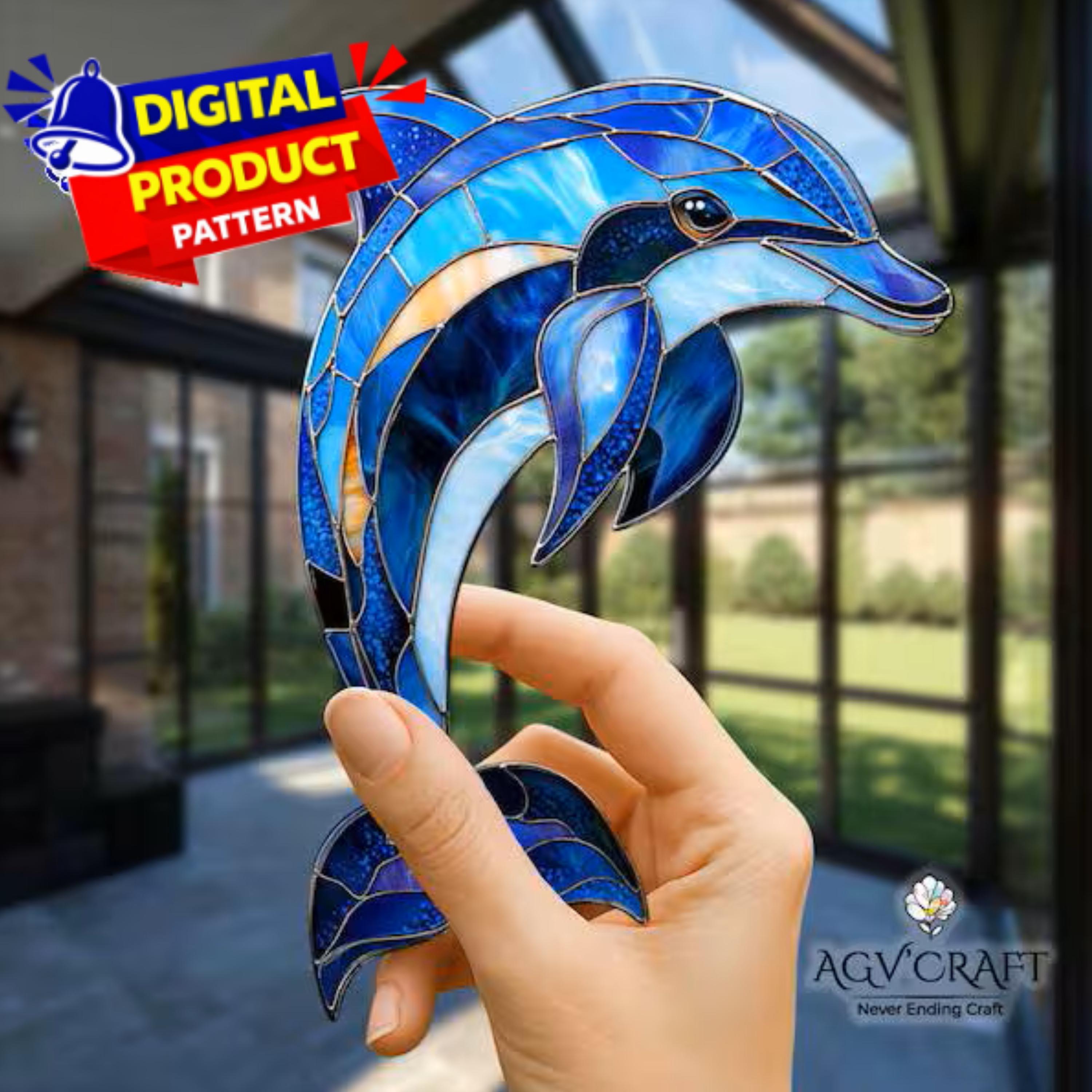 イルカのステンドグラスのパターン、DIYサンキャッチャーブルー