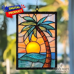 Patrón de vitral con puesta de sol en la playa, atrapasol, patrón de vitral con puesta de sol en la playa, vitral DIY, regalo de arte mural