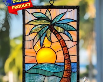 Strandzonsondergang gebrandschilderd glaspatroon, zonsondergang suncatcher, zonsondergang op strand gebrandschilderd glaspatroon, DIY gebrandschilderd glas, kunst aan de muur cadeau