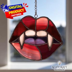 Patrón de vitral con labios de vampiro, plantilla de atrapasol de vampiro, decoración gótica, plantilla PDF de vitral hecho a mano, regalo de arte mural