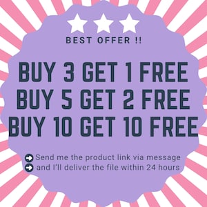 Peut inclure: Graphique promotionnel avec un design violet en forme d'&eacute;toile sur un fond &agrave; rayures roses et blanches. Le texte "BEST OFFER !!" est en haut, avec "BUY 3 GET 1 FREE", "BUY 5 GET 2 FREE" et "BUY 10 GET 10 FREE" en dessous. Texte suppl&eacute;mentaire en bas.